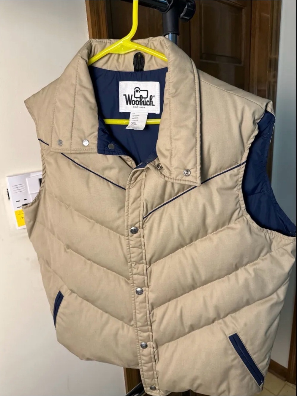Vintage Woolrich Men's Tan Quilted Vest with Navy Accents